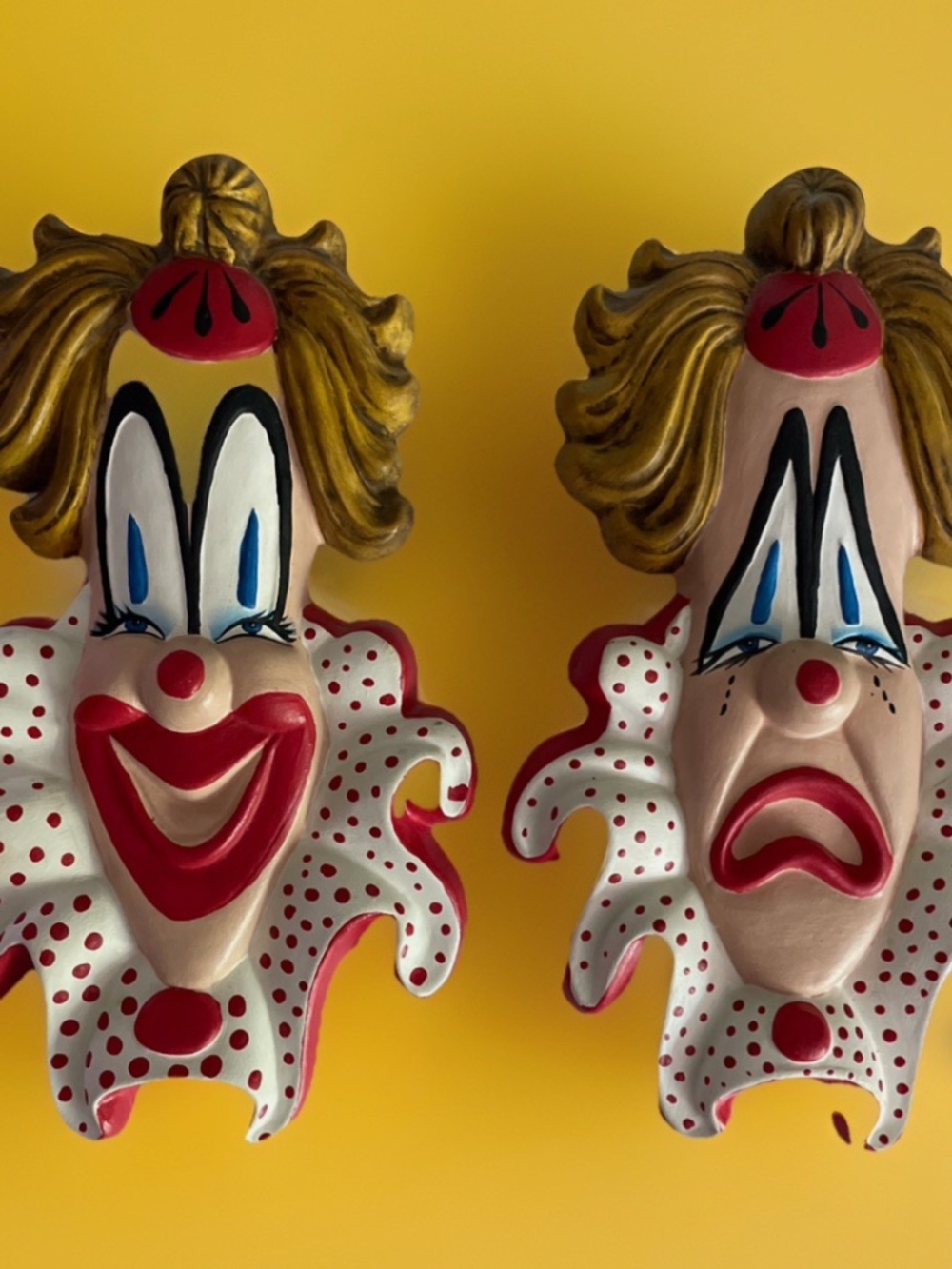 Vtg 1969 MCM Chalkware Art Circus Clown Chalkware Wall Hanging Plaques laugh cry